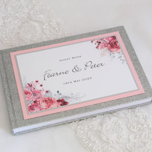 Silver and pink Botanical Wedding Guest Book with glitter